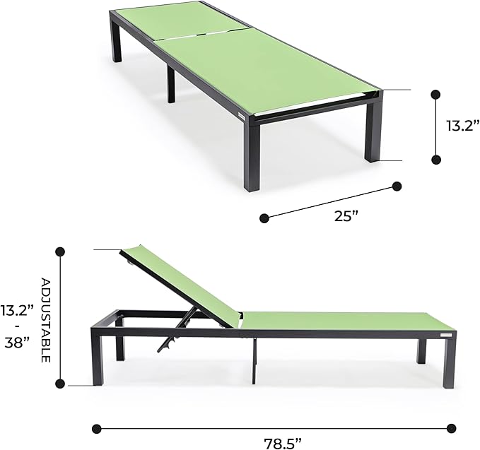 LeisureMod Marlin Aluminum Outdoor Chaise Lounge Chair - Mesh Sling Fabric Seat Black Aluminum Frame Beach, Pool Lounge Chair for Modern Patio Lawn, Garden and Backyard (Green)
