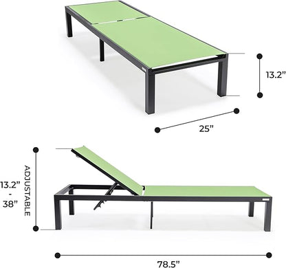 LeisureMod Marlin Aluminum Outdoor Chaise Lounge Chair - Mesh Sling Fabric Seat Black Aluminum Frame Beach, Pool Lounge Chair for Modern Patio Lawn, Garden and Backyard (Green)