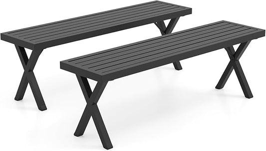 Giantex 2 Pack Outdoor Bench, 54" Metal Garden Bench with Slatted Seat, X-Shaped Legs, Heavy-Duty Patio Backless Loveseat, Load 800 LBS, 2-Person Park Bench for Lawn, Yard, Porch, Black