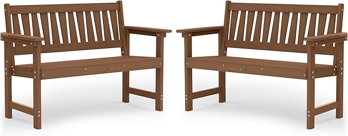 YEFU Outdoor Bench Weatherproof for Patio: 2-Person HIPS All Weather Garden Benches - Comfortable & Heavy Duty Patio Benches for Front Porch Backyard Park - Outside Furniture Bench Set of 2, Teak