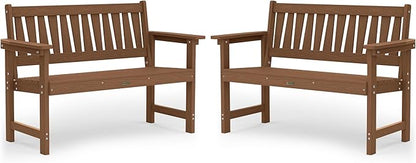 YEFU Outdoor Bench Weatherproof for Patio: 2-Person HIPS All Weather Garden Benches - Comfortable & Heavy Duty Patio Benches for Front Porch Backyard Park - Outside Furniture Bench Set of 2, Teak