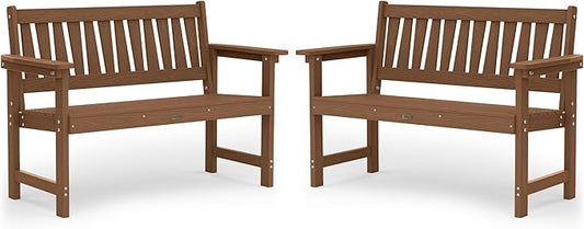 YEFU Outdoor Bench Weatherproof for Patio: 2-Person HIPS All Weather Garden Benches - Comfortable & Heavy Duty Patio Benches for Front Porch Backyard Park - Outside Furniture Bench Set of 2, Teak