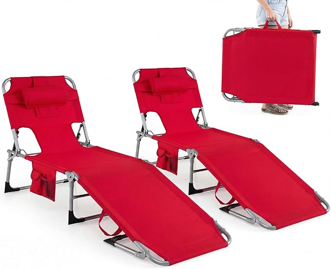 GYMAX Tanning Chair, Folding Beach Lounger with Face Arm Hole, Adjustable Backrest, Side Pocket, Pillow & Carry Handle, Outside Sunbathing Lounge Chair for Patio, Poolside, Lawn (2, Red)