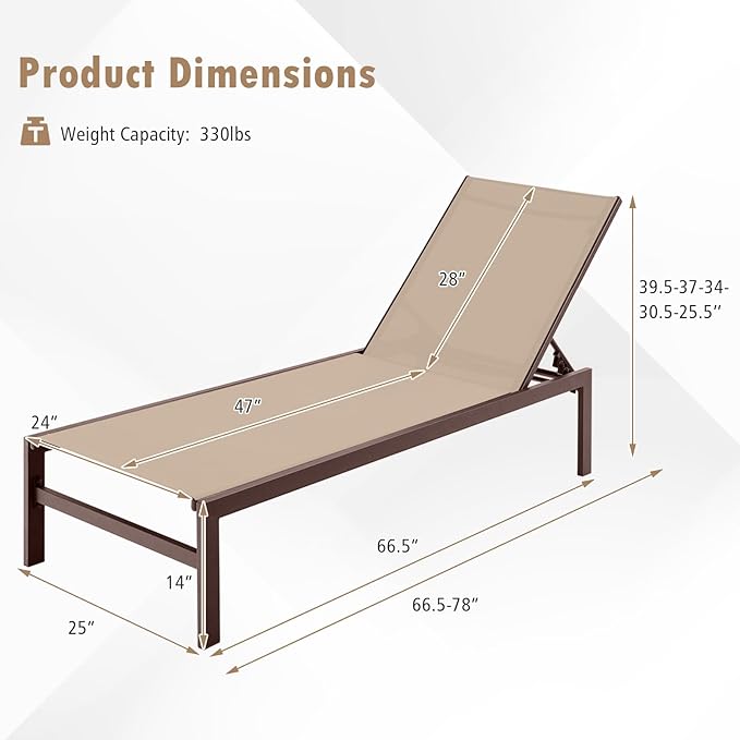 Giantex Patio Chaise Lounge Chair, Outdoor Sunbathing Chair Lawn Reclining Lounger with 6 Adjustable Position, Aluminium Frame, Outside Tanning Chairs for Deck,Yard, Pool Lounge Chairs (1, Brown)
