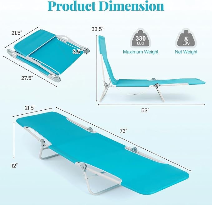 GYMAX Tanning Chair, 2Pcs Folding Beach Chairs with Adjustable Backrest, Footrest, 330lbs Capacity & Shoulder Strap, Portable Layout Sunbathing Loungers for Outside, Patio, Poolside (Turquoise)