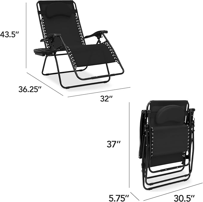 Best Choice Products Oversized Zero Gravity Chair, Folding Outdoor Patio Lounge Recliner w/Cup Holder Accessory Tray, Pillow - Black