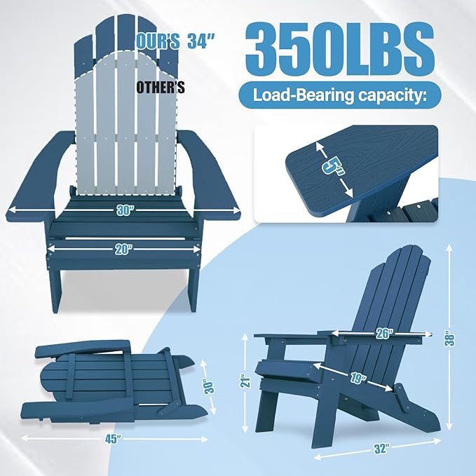 MXIMU Folding Adirondack Chair for Outdoor: Easy Assembly and Comfortable Adirondack Chairs - Foldable Composite Fire Pit Chairs - All Weather Plastic Chair for Outside Patio Lawn Garden Backyard Use