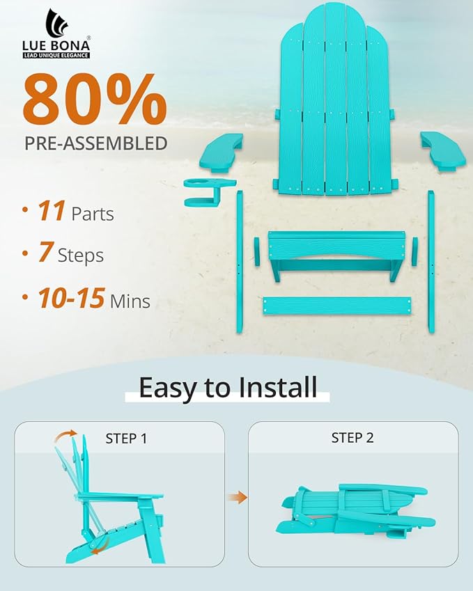 LUE BONA Folding Adirondack Chair, Chairs Set of 2, Cup Holder, Woodgrain, Fire Pit, Patio, Pool, Aruba Blue