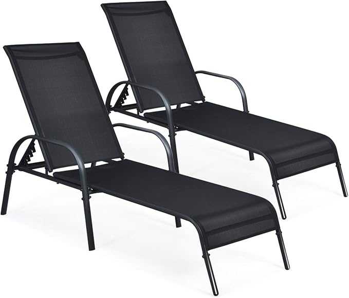 COSTWAY Outdoor Lounge Chairs Set of 2, Patio Chaise Lounge Recliner with Heavy Duty Steel Frame, 5-Position Adjustable Backrest for Deck, Beach, Pool (2, Black)