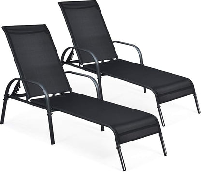 Giantex 2 Pcs Chaise Lounge Chair, Adjustable Reclining Lounge Chairs Patio Furniture, Backyard Lawn Sling Chaise w/Adjustable Back, Folding Recliners for Outdoor Beach Yard Pool (Black)