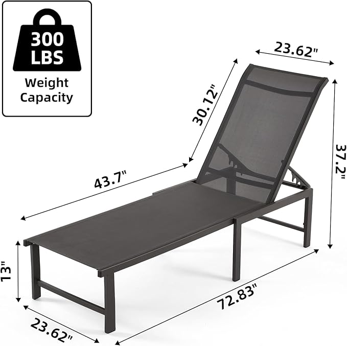 Lounge Chair Outdoor Set of 2, Foldable & Assembly Free Aluminum Chaise Lounge Chair with 5-Position Recliner, Pool Lounge Chairs for Outside Poolside Beach Lawn (Black)