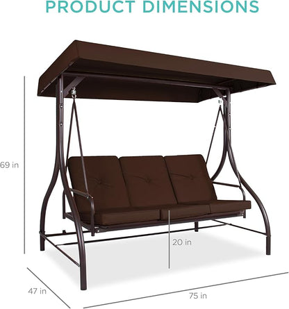 Best Choice Products 3-Seat Outdoor Large Converting Canopy Swing Glider, Patio Hammock Lounge Chair for Porch, Backyard w/Flatbed, Adjustable Shade, Removable Cushions - Brown