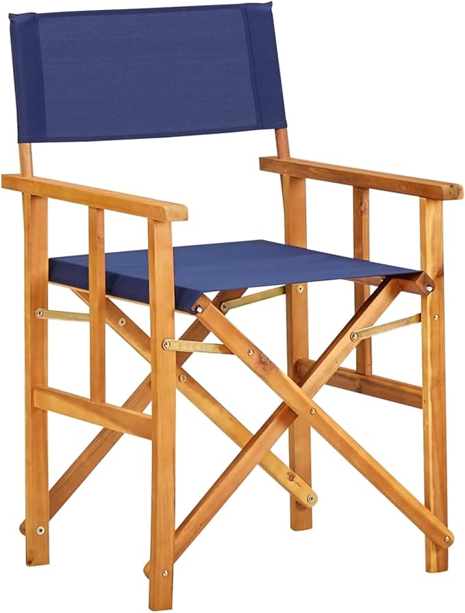 Garden Bench, Stylish Folding Chair, Solid Acacia Wood, Blue Polyester Fabric for Outdoor Terrace, Bar, Dining, Leisure