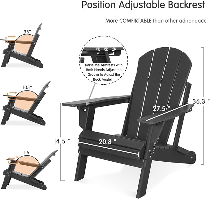 Lepdep Folding Adirondack Chair Modern Adjustable Plastic Outdoor Fire Pit Chair Weather Resistant 3-Positons Patio Chair with Cup Holder for Outdoor Porch Garden Backyard Deck and Pool, Black…