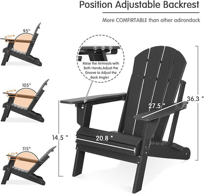 Lepdep Folding Adirondack Chair Modern Adjustable Plastic Outdoor Fire Pit Chair Weather Resistant 3-Positons Patio Chair with Cup Holder for Outdoor Porch Garden Backyard Deck and Pool, Black…