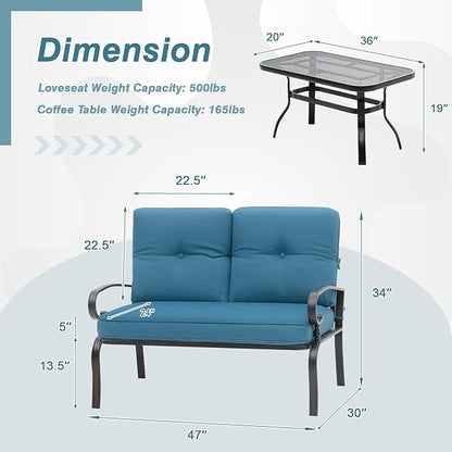 Oakcloud Outdoor 2 Pcs Patio Loveseat Bench Metal Frame Furniture Set with Thick Cushions and Coffee Table, Wrought Iron Look (Peacock Blue)