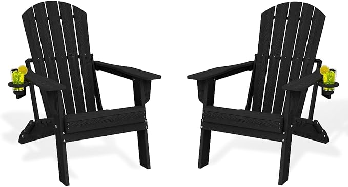 Folding Adirondack Chair Set of 2，Wooden Textured Fire Pit Chair with Cup Holder, Heavy All-Weather HDPE Plastic Outdoor Patio Chairs for Poolside Backyard Patio Outdoor Garden
