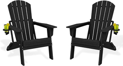 Folding Adirondack Chair Set of 2，Wooden Textured Fire Pit Chair with Cup Holder, Heavy All-Weather HDPE Plastic Outdoor Patio Chairs for Poolside Backyard Patio Outdoor Garden