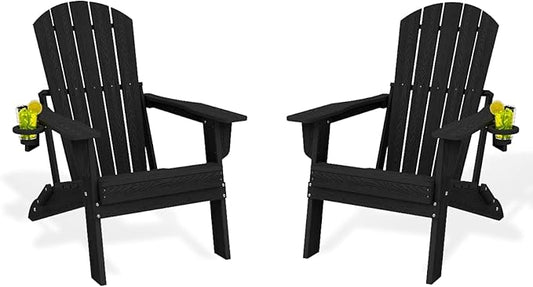 Folding Adirondack Chair Set of 2，Wooden Textured Fire Pit Chair with Cup Holder, Heavy All-Weather HDPE Plastic Outdoor Patio Chairs for Poolside Backyard Patio Outdoor Garden