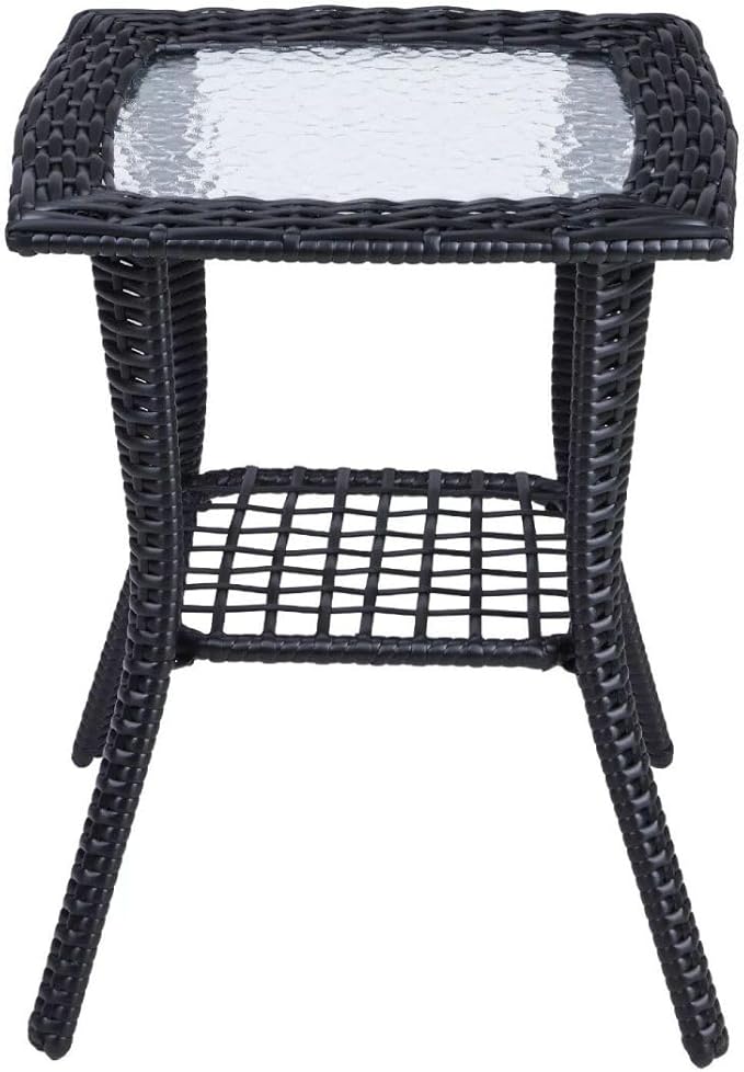 Patio Wicker Side Table, Outdoor PE Rattan End Table with Tempered Glass Top and 2-Tier Storage Shelf, Square Coffee Table for Deck Porch Garden Backyard- Black