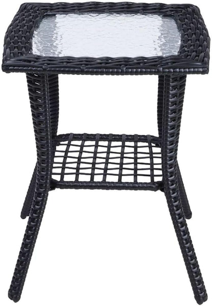 Patio Wicker Side Table, Outdoor PE Rattan End Table with Tempered Glass Top and 2-Tier Storage Shelf, Square Coffee Table for Deck Porch Garden Backyard- Black