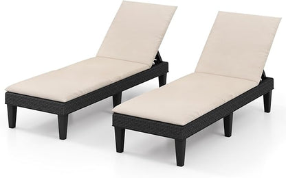 HAPPYGRILL Outdoor Chaise Lounge Chair Rattan Recliner Lounger with Removable Cushion & 3-Level Adjustable Backrest, Patio Tanning Chair (Black & Beige,2)