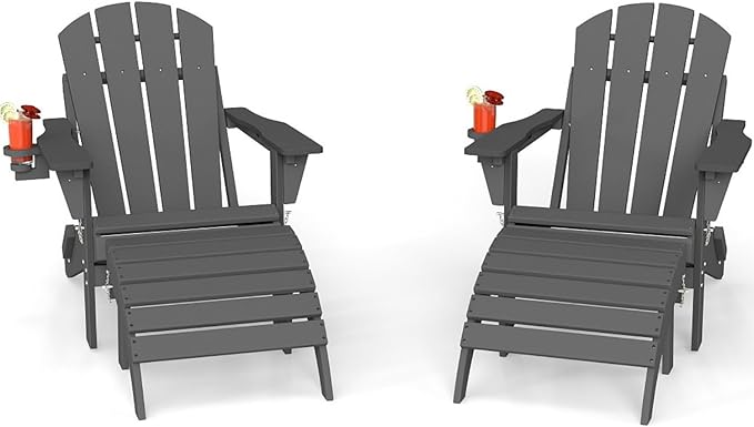 4-Piece Adirondack Chair with Footrest,Folding Adirondack Chair with Retractable Ottoman Set,HDPE All Weather Fire Pit Chair with Cup Holder(Grey, 2 Chair & 2 footrest)