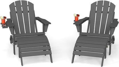 4-Piece Adirondack Chair with Footrest,Folding Adirondack Chair with Retractable Ottoman Set,HDPE All Weather Fire Pit Chair with Cup Holder(Grey, 2 Chair & 2 footrest)