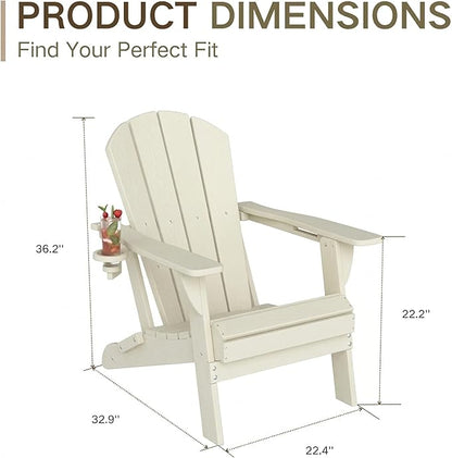Kingdura Folding Adirondack Chairs Set of 2, Portable HDPE Outdoor Patio Chair with Wooden Textured & Cup Holder, All Weather Resistant, 380LBS Capacity for Pool, Backyard, Balcony, Fire Pit (White)