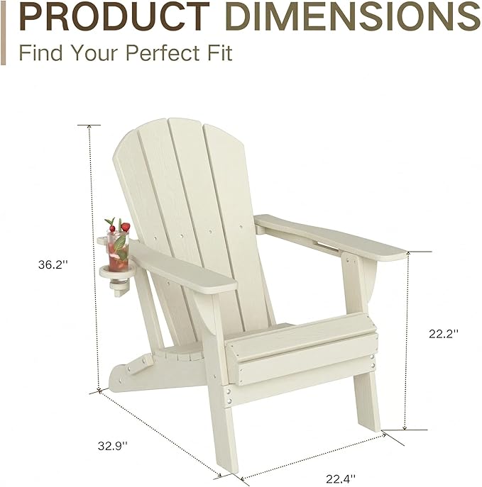 Kingdura Folding Adirondack Chairs Set of 2, Portable HDPE All Weather Resistant Outdoor Patio Chair, Wooden Textured with Cup Holder, 380LBS Capacity for Poolside, Backyard, Fire Pit (White)