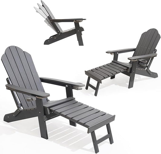 Ergonomic Adjustable Adirondack Chair with Ottoman Set of 2，Folding Adirondack Chair with 2 Cup Holder for Patio，Garden，Backyard，Fire Pit，Grey