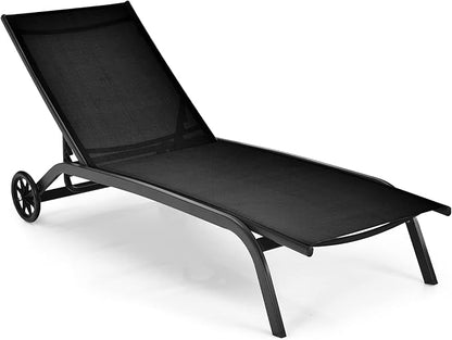 COSTWAY Outdoor Chaise Lounge with Wheels, 6-Position Adjustable Tanning Chair with Stable Aluminum Frame, Portable Sun Bathing Lounge Chair for Backyard, Garden, Poolside (Black)