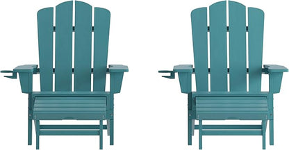 Flash Furniture Newport Adirondack Cup Holder and Pull Out Ottoman, All-Weather HDPE Indoor/Outdoor Lounge Chair, Set of 2, Blue