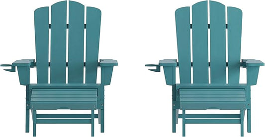 Flash Furniture Newport Adirondack Cup Holder and Pull Out Ottoman, All-Weather HDPE Indoor/Outdoor Lounge Chair, Set of 2, Blue