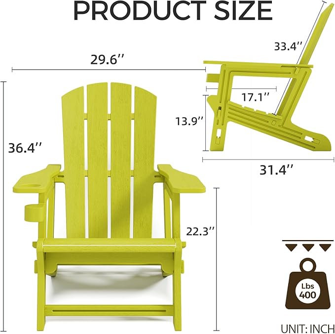 Adirondack Chair，Plastic Outdoor Chairs Without Screws Install，Patio Adirondack with Cup Holder，400 LBS Capacity Recliner Chair Garden Chair for Backyard Lawn Beach Yellow
