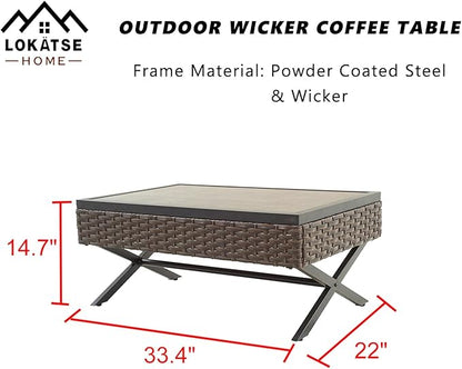 LOKATSE Home Outdoor Side Wicker Table Patio Rattan Bistro Furniture Metal Frame End Coffee Tables with X Shaped Steel Legs & Wood Grain Desktop