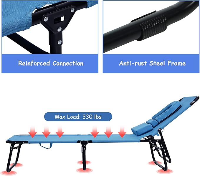 GYMAX Beach Lounge Chair, Sunbathing Chair Patio Lounge Chair Folding Adjustable Recliner with Hole for Face (2)