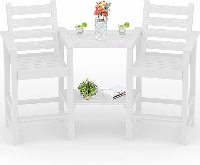 PLUUV Tall Adirondack Chairs Set of 2, All Weather HDPE Poly Bar Height Balcony Adirondack Chair with Removable Double Connecting Trays, Outdoor Adirondack Barstools for Deck, Patio, Yard, Pool, Lawn