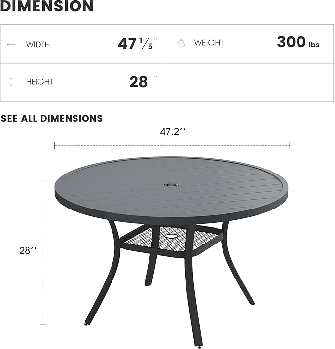 Patio Dining Table for 4-6, Round Metal Outdoor Table with 1.57" Umbrella Hole, 47" Outdoor Slat Tabletop Dining Table for Backyard, Porch, Lawn, Dark Grey