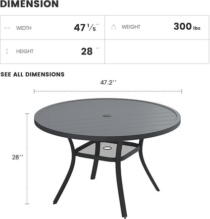 Patio Dining Table for 4-6, Round Metal Outdoor Table with 1.57" Umbrella Hole, 47" Outdoor Slat Tabletop Dining Table for Backyard, Porch, Lawn, Dark Grey