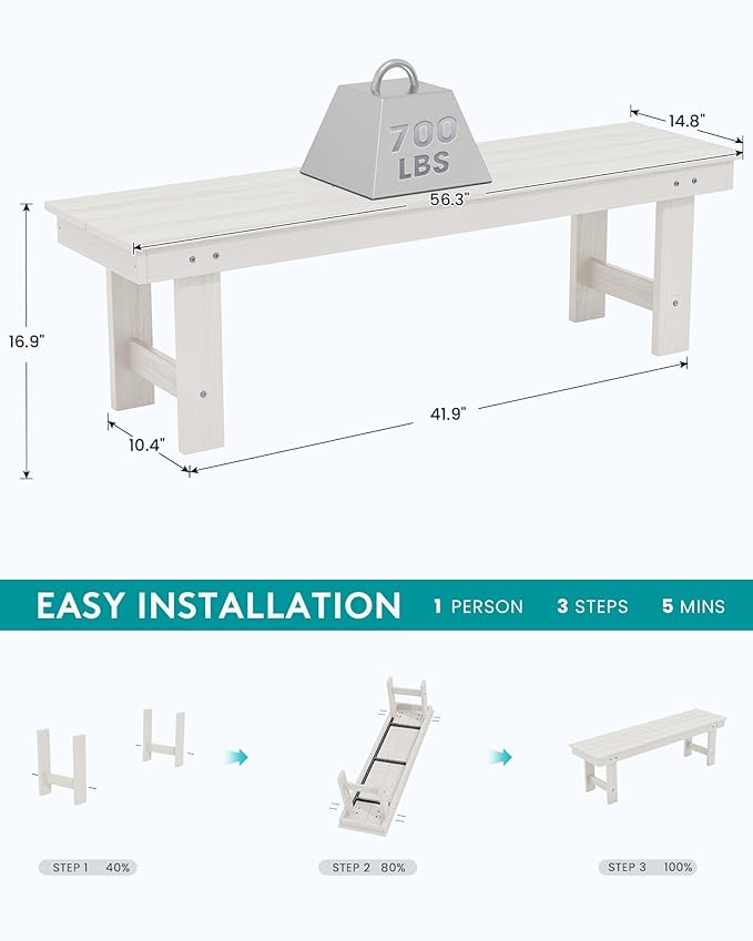 SERWALL 2-Person Outdoor Bench Backless, HDPE Outdoor Benches Weatherproof, 700 Lbs Weight Capacity - Photo 3