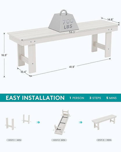 SERWALL 2-Person Outdoor Bench Backless, HDPE Outdoor Benches Weatherproof, 700 Lbs Weight Capacity, Poly Lumber Patio Furniture for Garden, Porch and Park, White, 2 Pack
