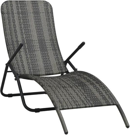 Folding Sun Lounger Grey PE Rattan Outdoor Chaise Lounge Recliner 24"x55.5"x37.4" Lightweight Patio Poolside Chair for Garden, Terrace, Balcony Use