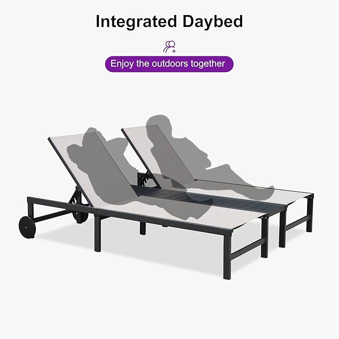 PURPLE LEAF Outdoor Double Chaise Lounge Modern Aluminum Lounge Chairs with Independently Adjustable Backrest Tanning Daybed Reclining Loveseat for Pool Beach Garden Patio Lounger Mixed Grey