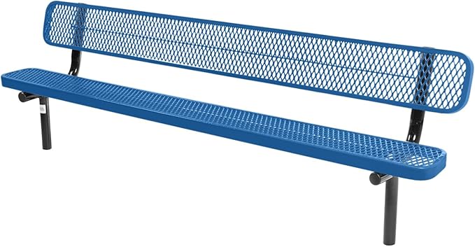 COATEDOUTDOORFURNITURE Heavy-Duty Outdoor Bench Thermoplastic Coated, Expanded Metal, Commercial-Grade Seating, Made in America (Inground with Back, 8 Ft, Textured Light Blue)