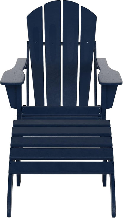WestinTrends Malibu Outdoor Lounge Chair, 2-Pieces Adirondack Chair Set with Ottoman, All Weather Poly Lumber Patio Lawn Folding Chairs for Outside Pool Garden Backyard Beach, Navy Blue
