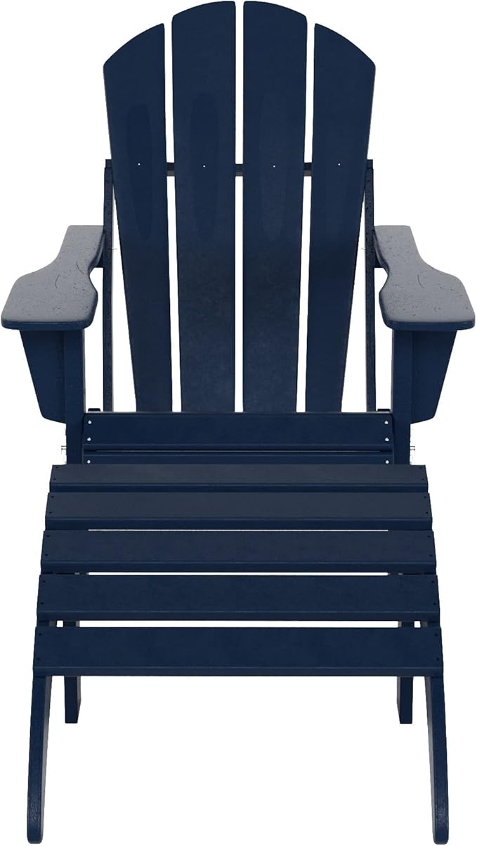 WO Home Furniture Adirondack Chair Outdoor Ottoman Set of 2 PCS Classic Patio Furniture (Navy Blue)