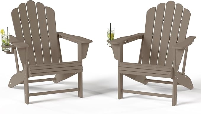 Costaelm Lakeview Outdoor Patio HDPE Adirondack Chairs with Cup Holders (Set of 2), Weathered Wood