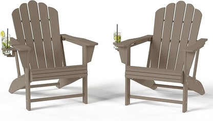 Costaelm Lakeview Outdoor Patio HDPE Adirondack Chairs with Cup Holders (Set of 2), Weathered Wood