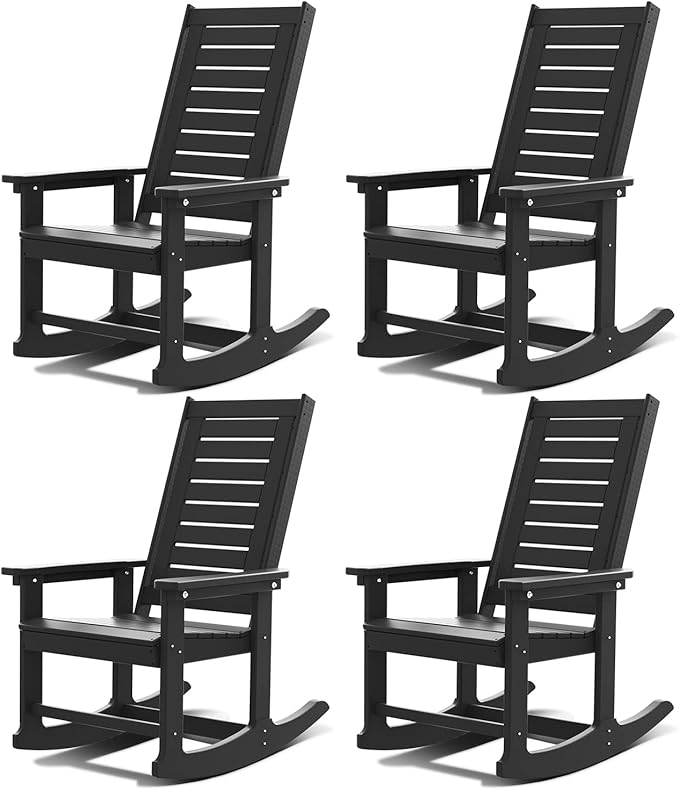 GREENVINES Outdoor Rocking Chairs | Set of 4 | Porch Rocker | HDPE Plastic | Black | Oversized Rockers | High Back - Photo 1